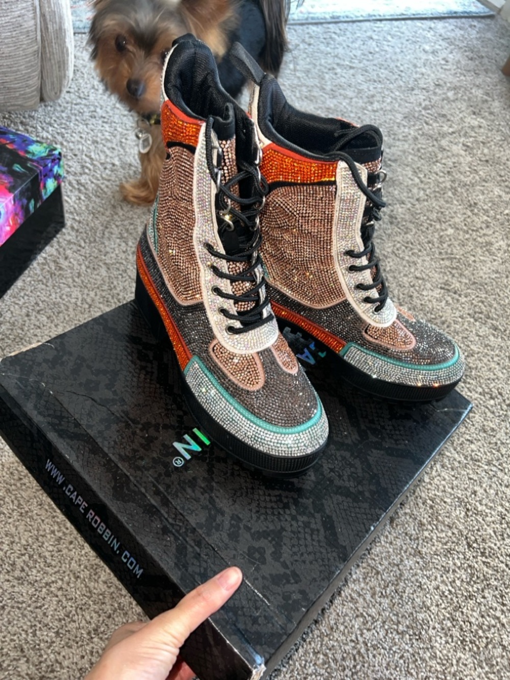 Cape Robbin Multicolor Rhinestone Combat Boots - Orange, Teal, Black, Silver